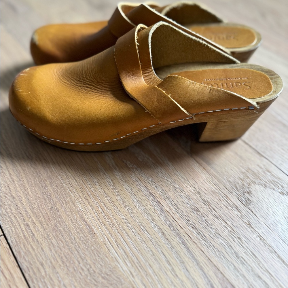 Sanita Danish Tan Leather Clog with Wooden Heel